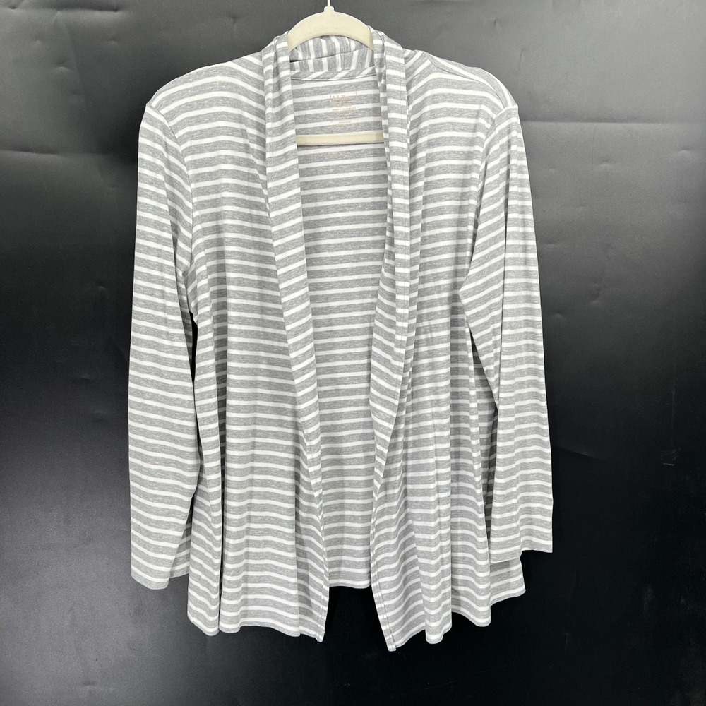 L.L. Bean‎ gray white striped open front jacket top coastal grandma nautical XL